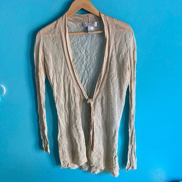 Bibelot Lightweight Gold Metallic Womens Cardigan Size S Tie Front Summer Layer - Picture 3 of 10